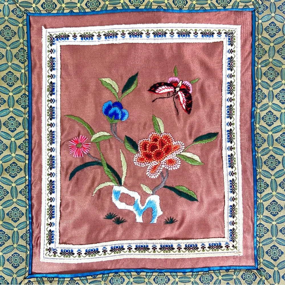 Vintage Chinese Silk Embroidered Floral Butterfly Panel